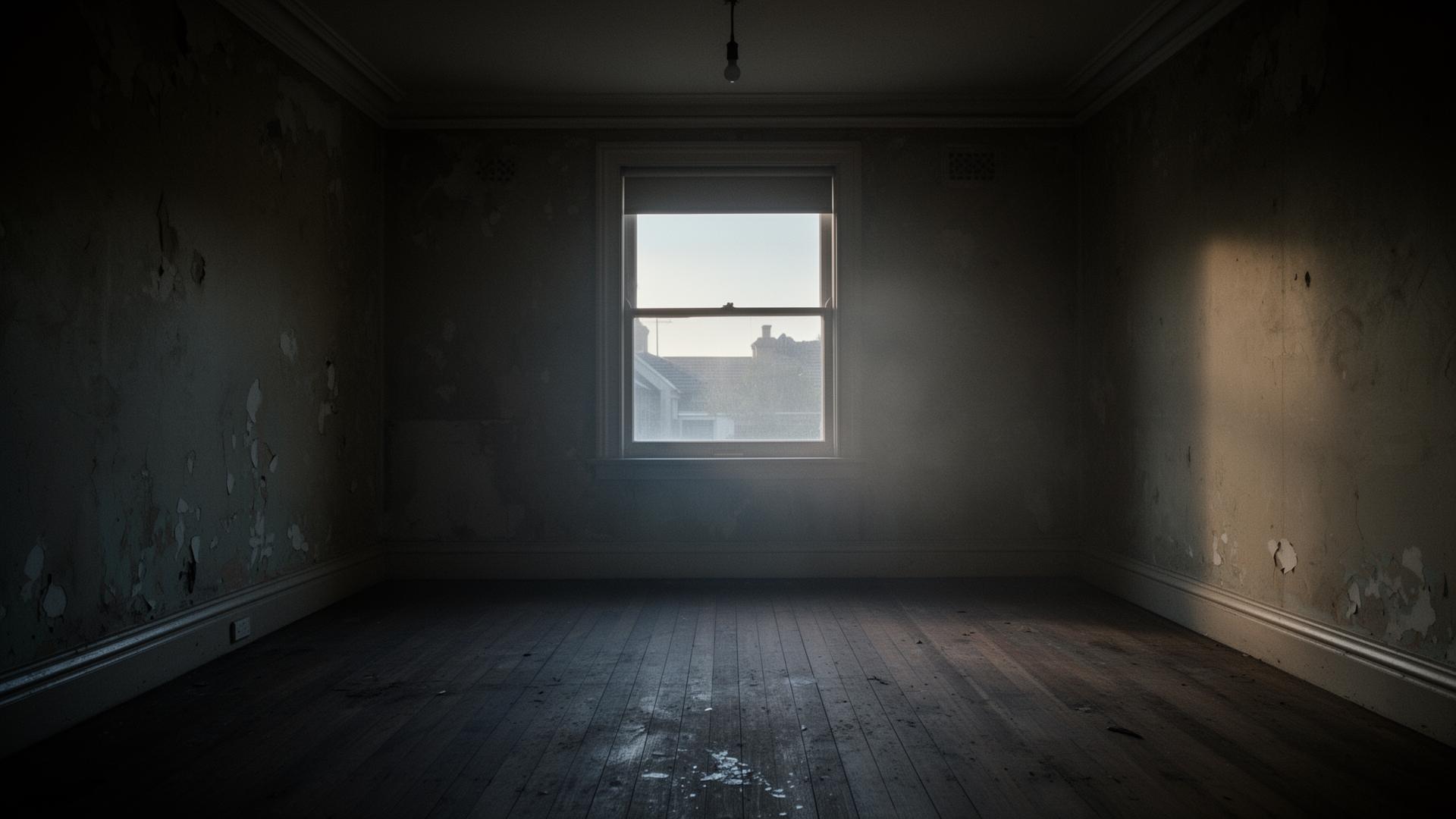 Empty Victorian rental property interior with worn floors and faded walls — invisible meth contamination risk.