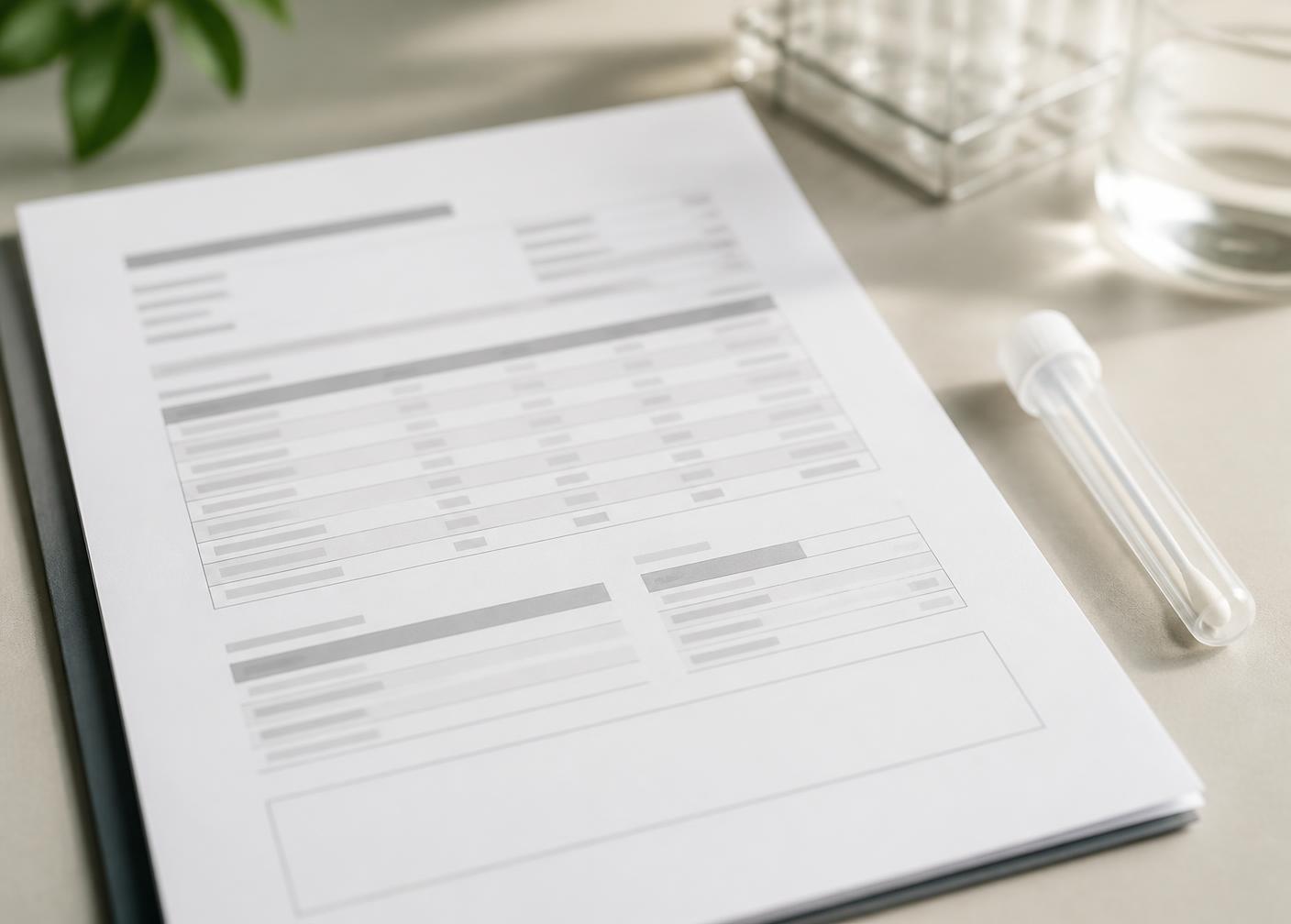 Independent laboratory inspection report with sample tube on a desk