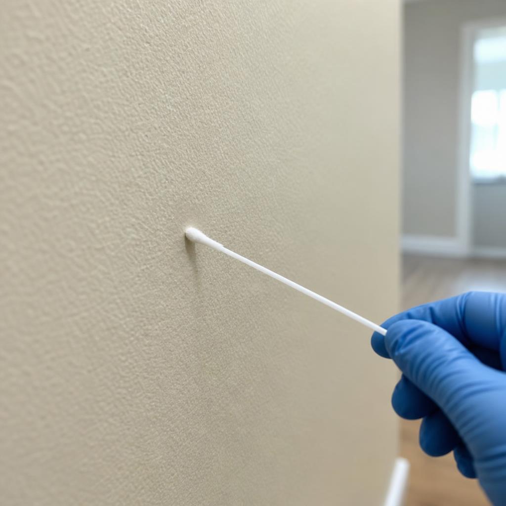Gloved technician taking a surface residue wipe sample on an interior wall before purchase