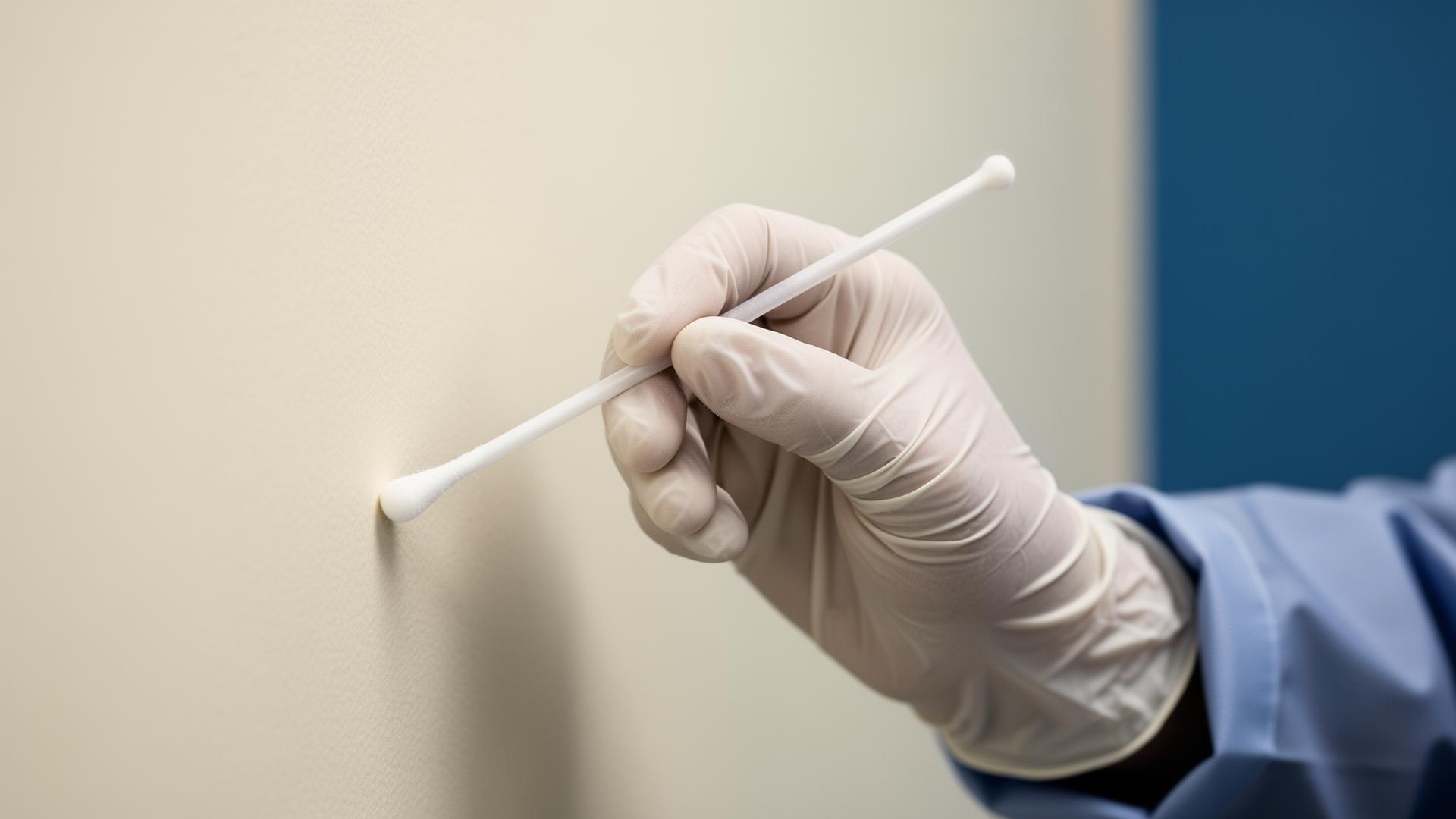 Gloved hand using a laboratory swab on a wall surface during methamphetamine surface testing.