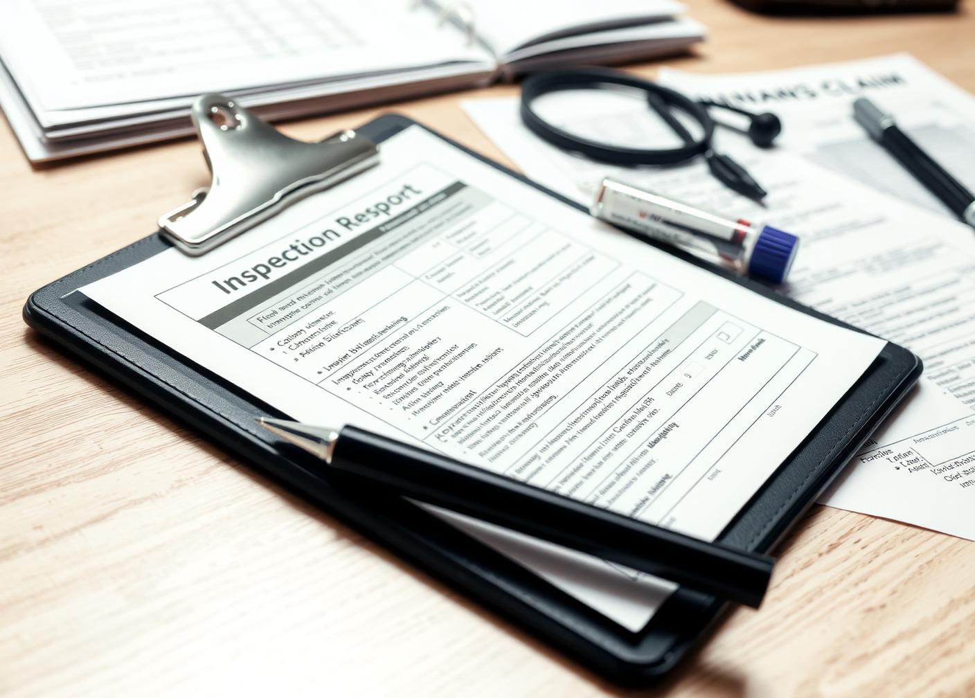 Independent laboratory test report and sample tube on a desk, part of an insurance claim file