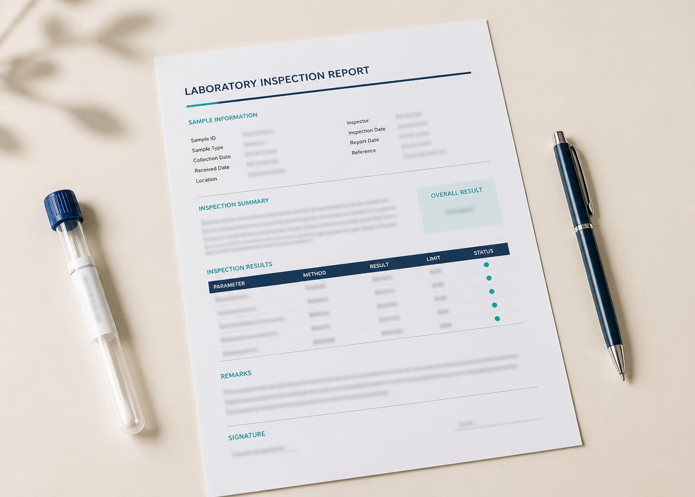 Independent laboratory inspection report with sample tube on a desk