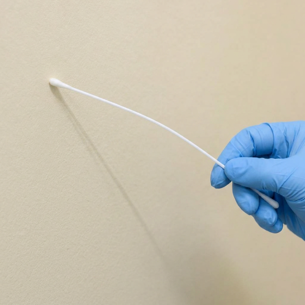 Gloved technician taking a surface residue wipe sample inside an empty rental property
