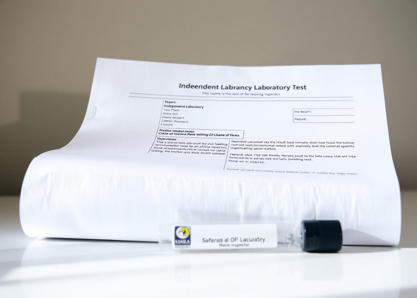 Independent laboratory test report and sample tube on a desk, available to referring inspectors on request