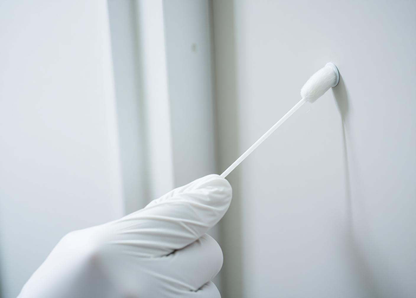 Gloved technician using a NIOSH 9111 surface sampling swab to collect residue from an interior wall