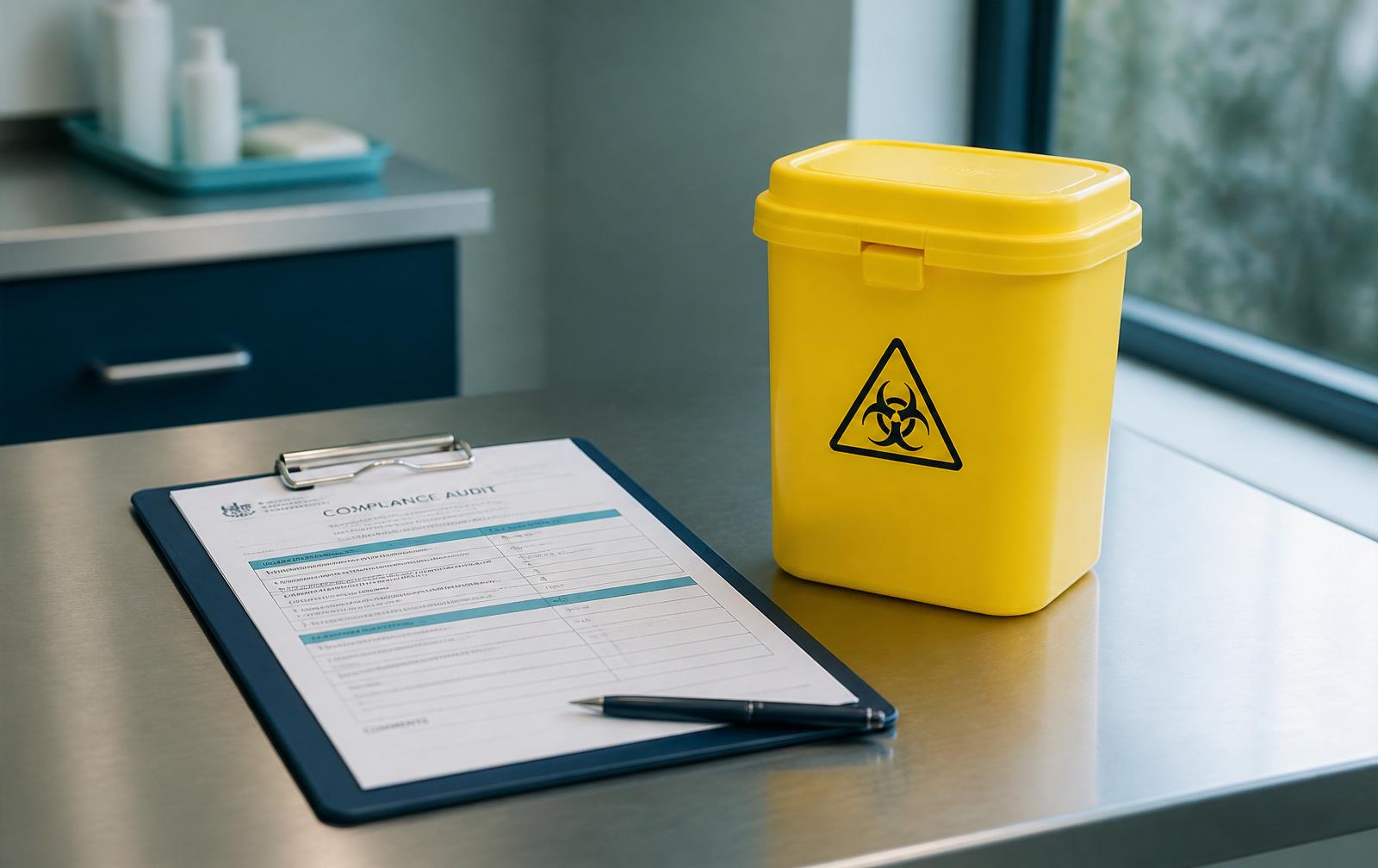 Compliance audit clipboard beside an approved yellow biohazard sharps container on a stainless steel bench