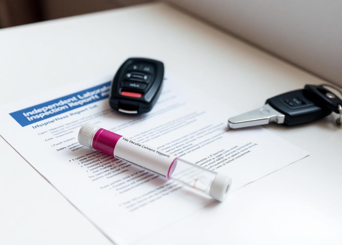 Independent laboratory inspection report with sample tube beside vehicle keys