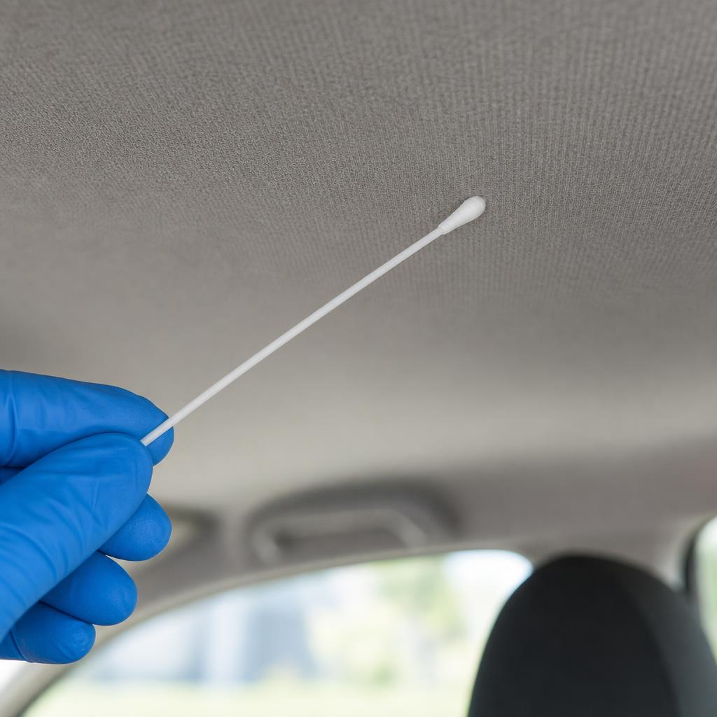Gloved technician taking a surface residue wipe sample inside a vehicle cabin